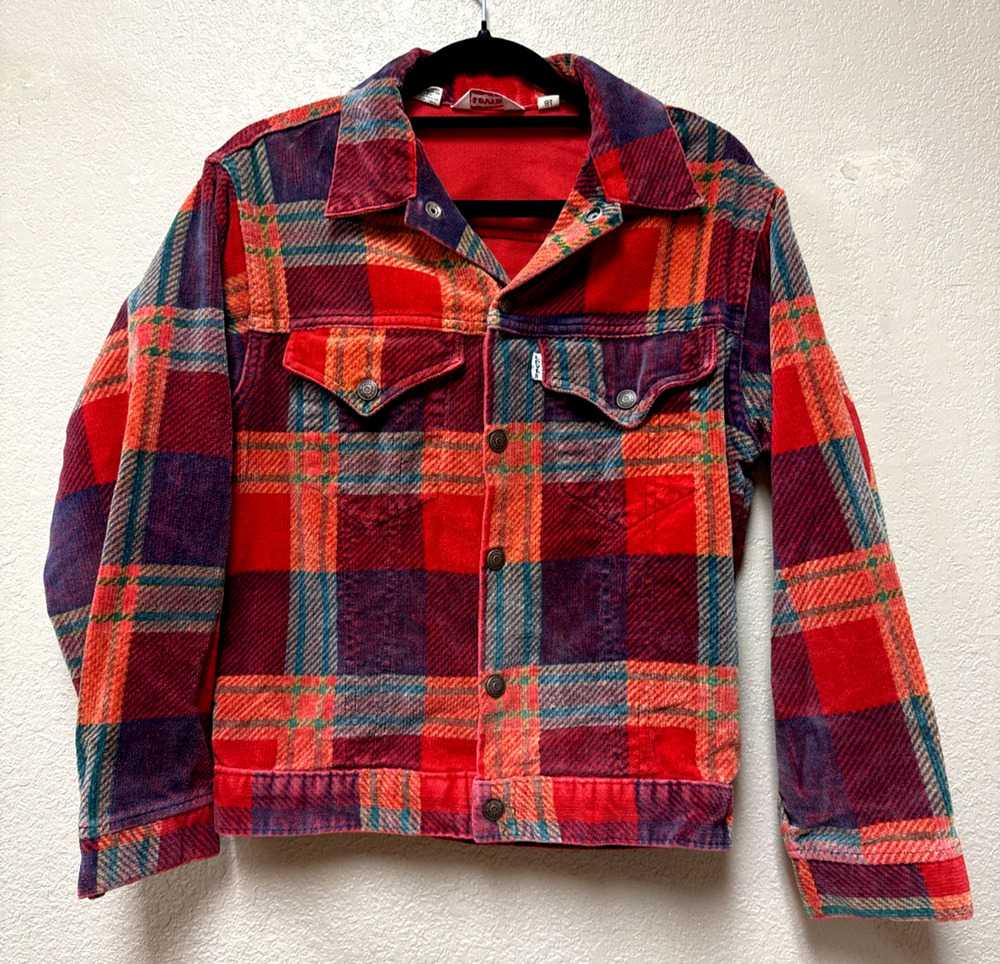 Vintage Levis Red Plaid Corduroy Trucker Jacket Womens S Western Grunge 70s